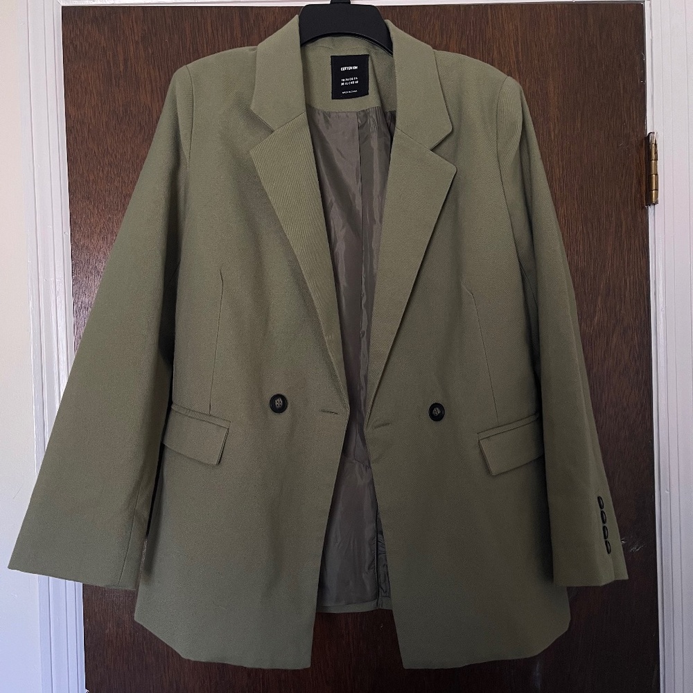 Women's Olive Double Breasted Blazer Full Lined Front Pockets Jacket 6